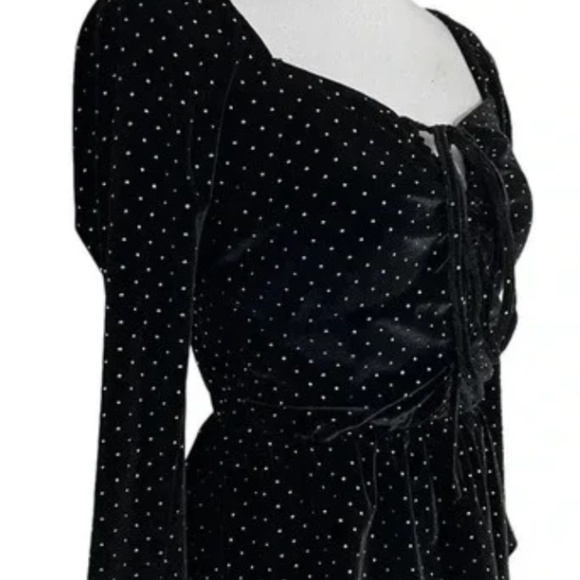 Aqua Black Velour Peplum Blouse Size S Gold Studs Keyhole Long Sleeves Cocktail - Picture 4 of 9